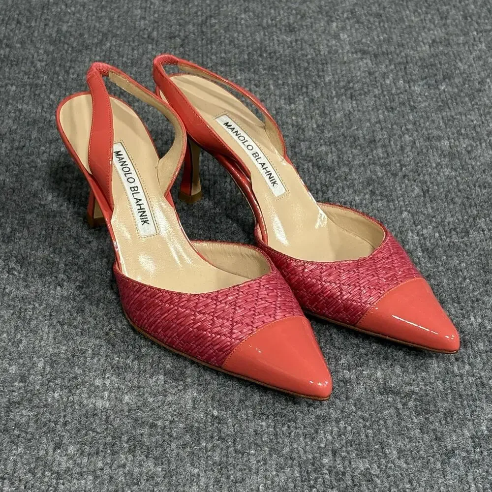 Manolo Blahnik Slingback Heels Womens 5 Pink Capsli Raffia Leather Italy Shoes